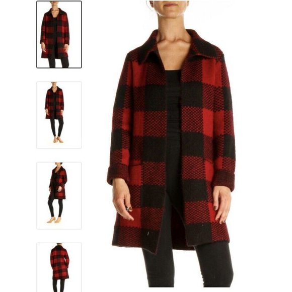 Max Studio Sweaters - Max Studio Red Black Plaid Long Open Sweater Cardigan Wool Blend Sz L NWT